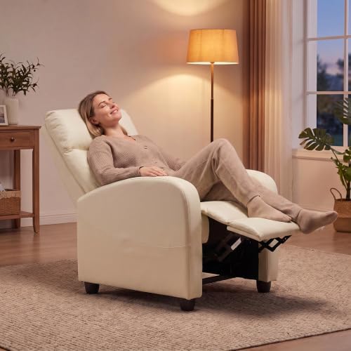 Image of Manual Massage Recliner Chair, Oversized Lazy Boy Reclining Sofa with 8 Massage Modes, Adjustable Backrest & Extended Footrest, Ergonomic Single Recliner Couch for Living Room, Bedroom, Beige