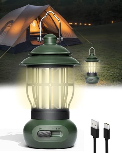 Camping Lights - LHQOO LED Lights for Power Outage, LED Flashlights with Three Dimmers, Rechargeable Camping Lantern with Hook, Suitable for Fishing, Picnics, Camping, Halloween, Birthday Gifts(Green)
