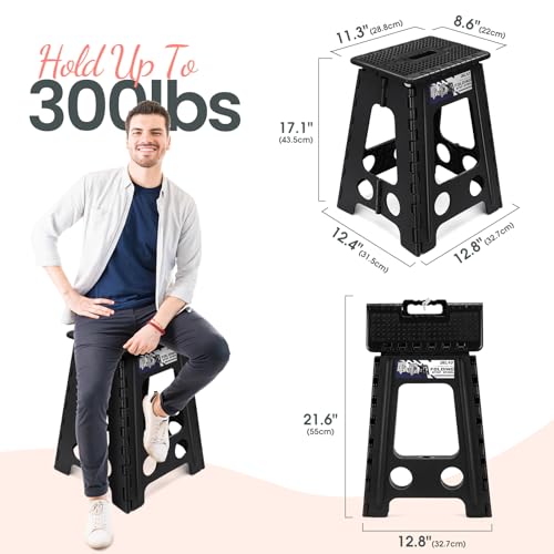 Image of Delxo Folding Step Stool 17.5 Inch Non-Slip Foldable Stools for Kids & Adults Up to 300 LBS Kitchen Collapsible Fold Up Stepping Stool with Dotted 1 Pack Black