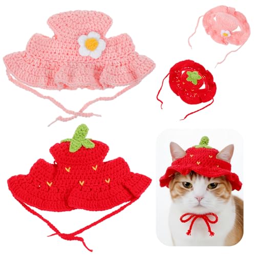 Matwsec 2PCS Strawberry Cat Hats Cute Flower Crochet Hats for Cats Small Pets Birthday Party Christmas Halloween Easter Travel Accessories Puppy Hat