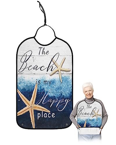Summer Beach Adult Bibs for Eating, Waterproof Bibs with Food Catcher & Adjustable Snap Closure, Blue Ombre Ocean Coastal Starfish Wood Washable Clothing Protectors Adult Bibs for Elderly Women/Men