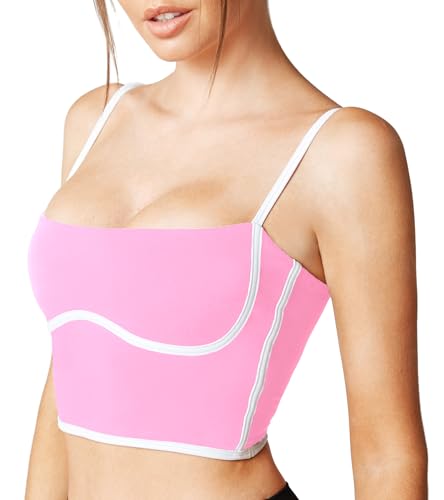 Image of Sleeveless Spaghetti Strap Padded Sports Bra Tank Tops Square Neck Double Layer Workout Fitness Basic Crop Tops