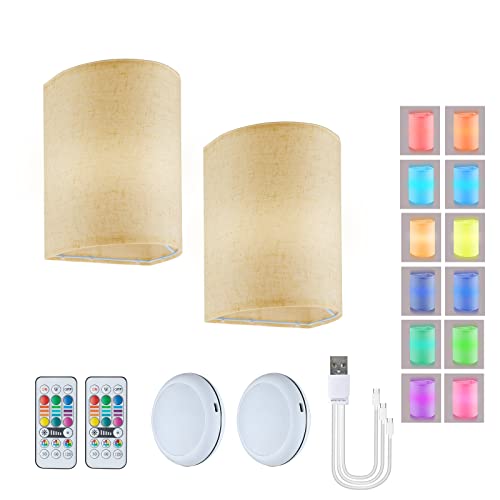 Mioblue Rechargeable Wall Sconce Decor Set Of 2,16 Rgb Colors Dimmable Wall Sconce Light With Remote Control Fabric Shade, Wireless Wall Lights With Timer For Bedroom Living Room Hallway #TOP26