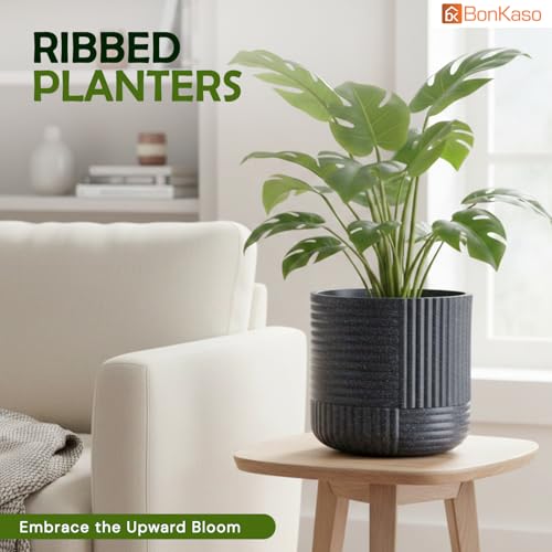 Image of Bonkaso 15 Inch Ribbed Planter Pot for Indoor & Outdoor Use | Round Heavy Duty Polymer Flower Pot | Lightweight Weather Resistant Modern Gamla for Living Room Balcony & Terrace (Dark Grey)