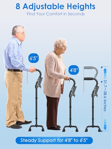 Image of WHLICKS Quad Cane for Stability, Adjustable Walking Cane for Women & Men with A Large 4 Pronged Base for Balance, 350lbs Heavy Duty Cane with 4 Legs & Second Handle, Walking Sticks for Seniors