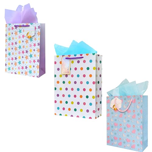 Image of Birthday Paper Gift Bags for Return Gifts - Medium Size 9x12x3.5 inch - Pack of 10 with Tags & Tissue Paper - Gift Bags for Kids Birthday Party, Baby Shower, Theme Party - 3 Cute Designs by Flora Paperbags