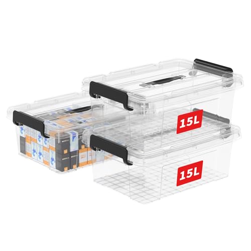 Cetomo 15L*3 Caja de Almacenamiento con Asa, Caja de Plástico con Tapa y Cierre Seguro, Contenedor de Almacenamiento, Duradera, Apilable, Resistentes, Transparente, Paquete de 3 de 15L