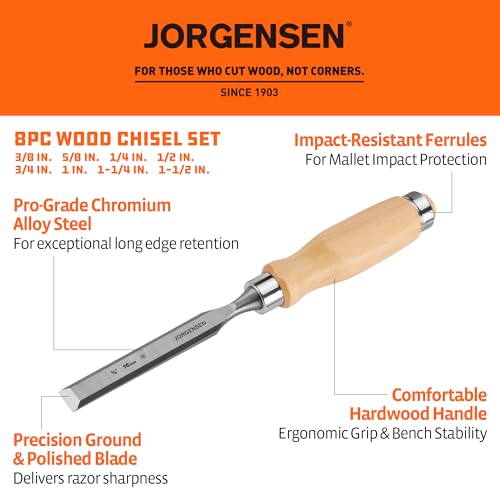 Image of Jorgensen 8-Piece Wood Chisel Set, Chromium Alloy Steel Beveled Edge Wood Chisels, Wood Chisels for Woodworking, Ergonomic Hardwood Handle with Metal Ferrule, 1 /4 inch to 1-1 /2 inch