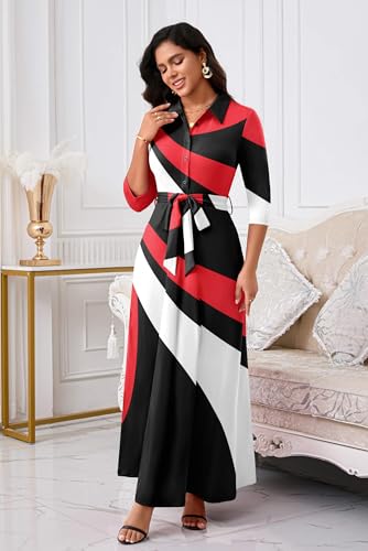 Image of Rumwind Maxi Dresses for Women, 3 /4 Sleeve Shirt Collar Casual Afircan Print Church Dress Button Down with Belt and Pockets