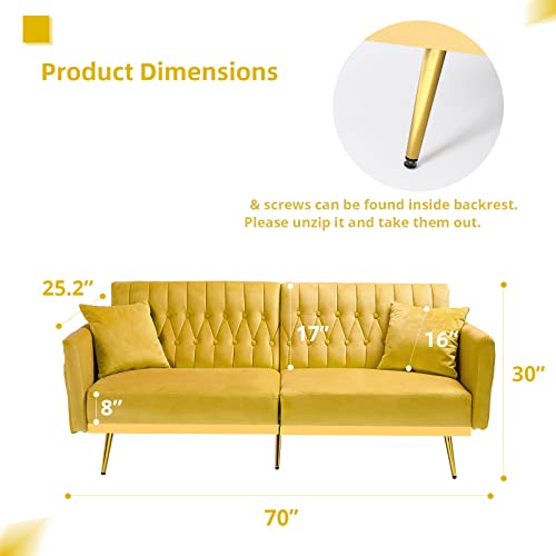 Acmease 70” Velvet Futon Sofa Bed W/Adjustable Armrests & 2 Pillows, Convertible Futon Couch, Modern Sleeper Bed For Living Room, Bedroom, Yellow #TOP2