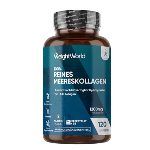 Kollagen Kapseln - 1200 mg reines Marine Collagen Typ I und III - Hydrolysierte Fisch Kollagen Peptide - 120 Kapseln für 2 Monate Vorrat - Meereskollagen - Frei von Zusatzstoffen - WeightWorld