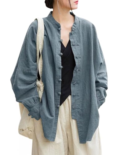 Aeneontrue Women's Linen Oversized Blouses Vintage Long Sleeve Jackets Loose fit Chinese Frog Shirts Blue