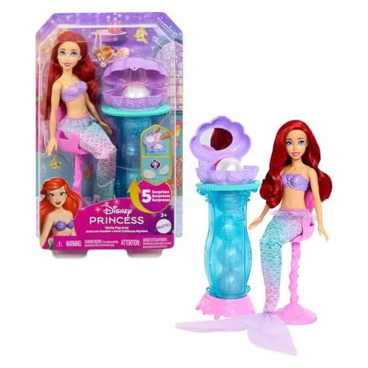 Mattel Disney Princesas Ariel con tocador desplegable Muñeca de moda de sirena con cola extraíble y tocador con cinco sorpresas repetibles y cinco accesorios, JBF86
