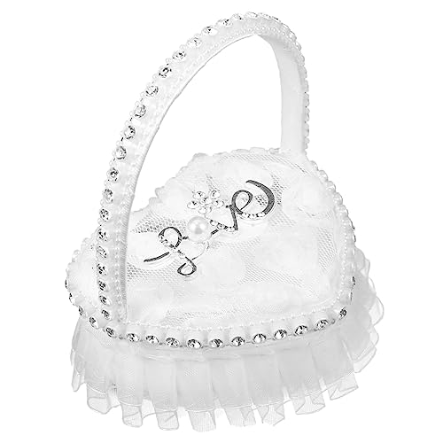 IMIKEYA Oreiller En Dentelle Panier Anneau Poignée Perles Oreillers Pour Alliances Pour Mariage Boîte à Bagues De Mariage Boîte à Alliances Avec Poignée Satin La Mariée Boite Cadeau Bijoux