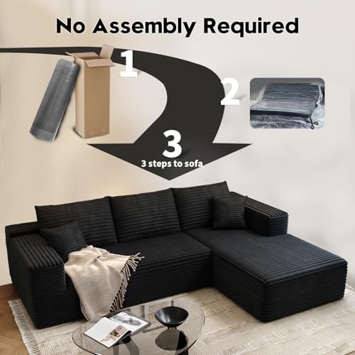 Image of 107.5 inch Cloud Modular Sectional Sofa Couch with L-Shape Chaise,Modern Minimalist Upholstered Couches for Living Room Bedroom,Deep Seat Corner Couch,No Assembly Required (Black,Right Facing Chaise)