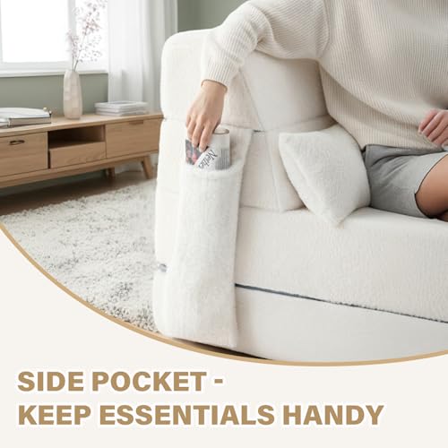 Image of Tiita Convertible Folding Sofa Bed Single Size for Adults with Pillow, Plush Fabric Floor Mattress Couch Bed, Washable Cover & Side Pocket, Guest Room, Dorm, Apartment, Living Room, Beige