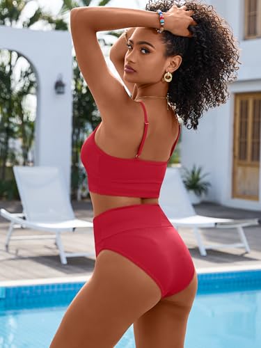Image of ANRABESS Women's High Waisted Bikini Sets,Color Block 2 Piece Swimsuits,Tummy Control Bathing Suits,Thick Ribbed Beach Wear