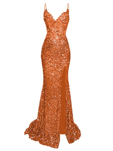HANVAIOS Orange Prom Dresses for Teens 2026 Mermaid Long Ball Gown Sparkly Sequin Dress with Slit...