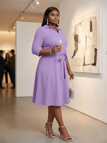 Image of FANDEE Plus Size Midi Dress for Women - Printing Summer Dresses for Wedding Guest Cocktail Party 3 /4 Sleeve V Neck(L-5XL)