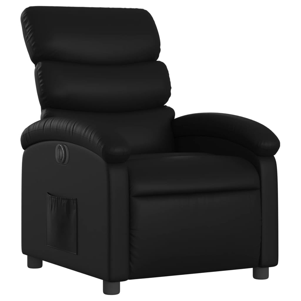 Fotel relaksacyjny, elektryczny, czarny, sztuczna skóra, z funkcją leżenia, regulowane oparcie i podnóżek, stabilna rama drewniana, ergonomiczny fotel telewizyjny do salonu i kącika do