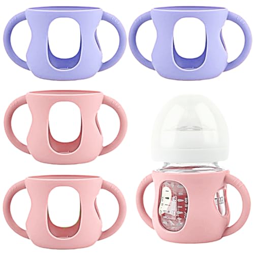 Image of Frezonika 4 Pack Silicone Sleeves for Avent Natural Glass Baby Bottles, Silicone and Easy-Grip Handles for Drop Protection, Compatible with Philips Avent 4/8 OZ Glass Bottle (2 Pink+2 Purple, 4 OZ)