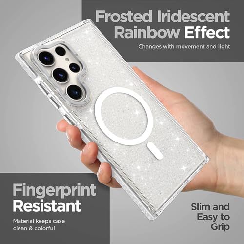 Image of Magnetic Case for Samsung Galaxy S22 Ultra [Compatible with Magsafe] [Bling Glitter Fluorescent Design] [1 Screen Protector] Slim Translucent Matte Case for Galaxy S22 Ultra 6.8 inch, White