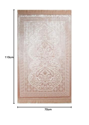 Modefa Velvet Islamic Prayer Rug with Prayer Beads Turkish Janamaz Sajadah Floral Luxury Plush (Blush Pink)