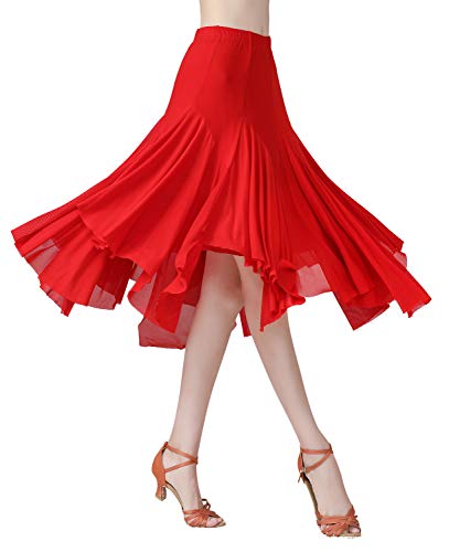 Z&X Ballroom Dance Skirts for Women Smooth Irregular Tulle Swing Dancing Skirts for Latin Salsa Rumba Flamenco Practice Red