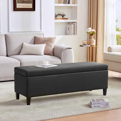 Image of HUIMO Faux Leather Storage Ottoman Bench 50.3 Inch Extra Long PU Upholstered Bedroom Bench with Large Storage Space for the Living Room, Entryway, Bedroom Hold Up to 300lbs (Black)