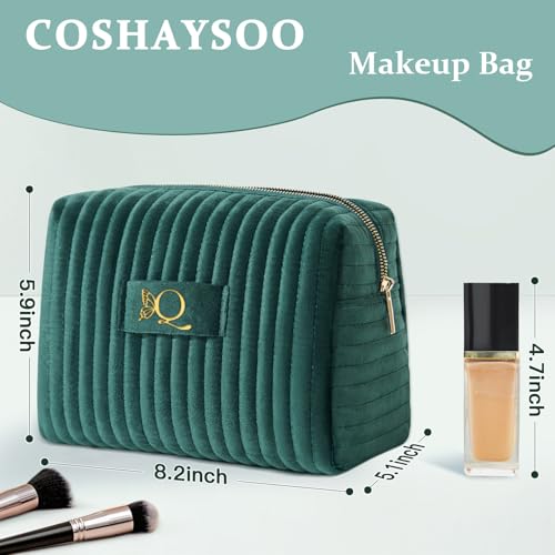 Image of COSHAYSOO Travel Makeup Bag Quilted Make Up Pouch Initial Velvet Cosmetic Case with Butterfly Decorations for Women Cosmetics Complexion Skincare Products Tools Accessories Organizer Green Letter Q