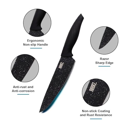 Bladez Professional Kitchen Knife Set, 5pcs Grey Kitchen Knives, Stainless Steel Granite Non Stick Blades, Chefs, Filleting, Bread, Paring and Utility Knives (Dark Grey Granite Knife Block Set 6 PCS)