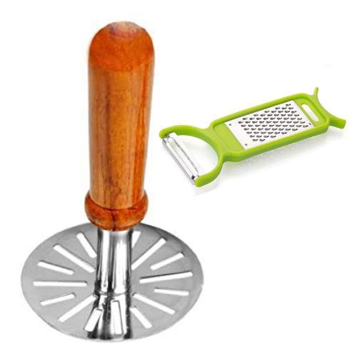 Stainless Steel Potato Masher, Pav Bhaji Masher with Wooden Handle (Ginger Spices Grater Free)