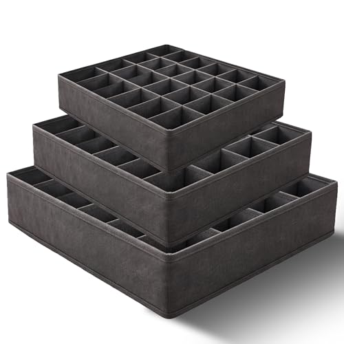 3 Pezzi Organizer Cassetti Biancheria - Divisori per Cassetti in Tessuto Pieghevoli - Set Salvaspazio da 64 Scomparti (2x24+1x16) per Armadio e Guardaroba - per Intimo, Calze, Cinture e Accessori
