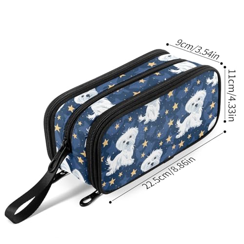 Image of Fustylead Cute Cartoon Maltese and Stars Pen Pencil Case Makeup Pouch Big Capacity Multi-Purpose Travel Bag Office Organizer with Zipper