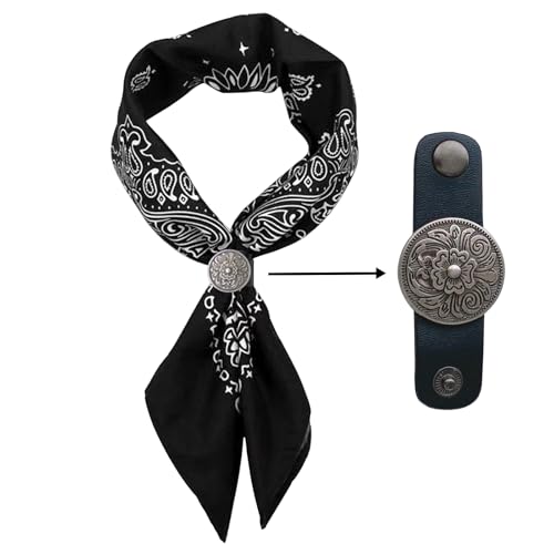 27.5 * 27.5 inches Oversize Bandana Scarf Set with Antique Silver Floral Buckle, Black Paisley Pattern, Leather Scarf Ring, Handmade Leather Ring Buckle, Gifts for Men