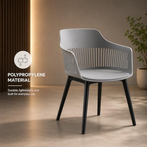 Image of Creative White Plastic Dining Chairs Set of 4 | Armrest Spindle Back Design | Plastic Shell and Legs | 1.47 Feet Seat Height | Dining Kitchen Cafe Restaurant Living Room Home Use