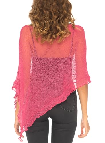 Image of SHU-SHI Women's Sheer Knit Poncho Shrug Lightweight Asymmetrical Ruffle Wrap Dressy Summer Shawl Cover Up Top