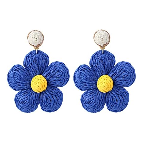 JZTRADING Drop Earrings Handmade Rattan Raffia Earrings Dangling Flower Stud Boho Style Summer Beach Jewelry Gifts Earrings for Women Blue Cover