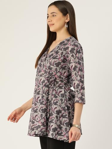 Image of feranoid Floral Print Angrakha 3 Sleeves Flared Kurti