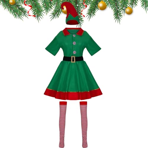 Disfraz De Elfo Navideño, Disfraz De Elfo Verde A Juego para La Familia, Conjuntos De Cosplay De Ayudante De Papá Noel con Sombrero Y Cinturón, para Niñas, Niños, Hombres, Mujeres, Niños Y Adultos