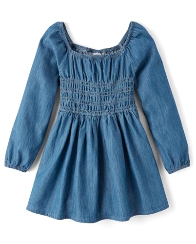 The Childrens Place Girls Casual Smocked Dress Long SleeveBailey Wash Medium