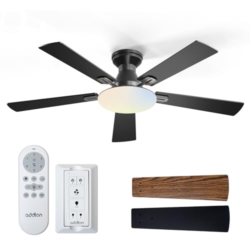 addlon Ceiling Fans with Lights, 52 inch Flush Mount Ceiling fan with Remote Control, Wall Remote, Reversible, 3CCT, Dimmable, Noiseless DC Motor, Black Low Profile Ceiling Fan for Bedroom, Farmhouse
