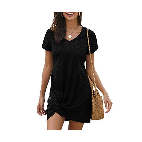 Locryz-Womens-Summer-Twist-Knot-Tshirt-Dresses-Casual-V-Neck-Short-Sleeve-Knot-Dress Locryz Womens Mini Dress Short Sleeve V Neck Side Knot Casual T Shirt Dress XL Black