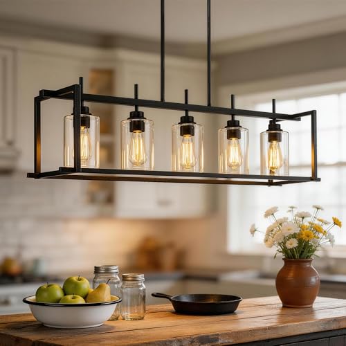 DSMJFU Black Farmhouse Rectangular Chandelier for Dining Room, 5-Light Linear Pendant Lighting...