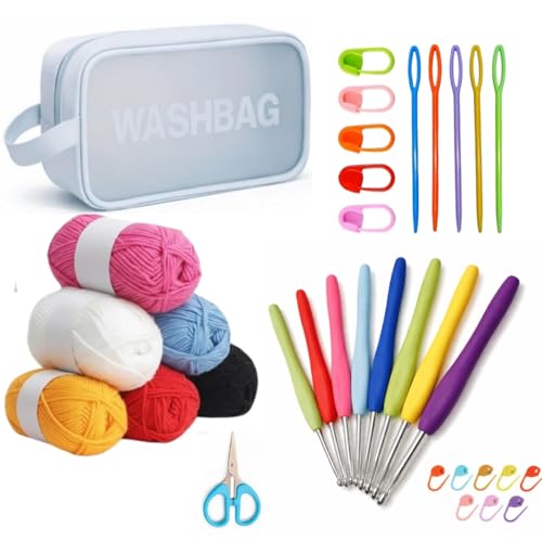 Image of Crochet Set, Premium Complete Crochet Kit for Beginners - 6 Yarn Balls, 8 Ergonomic Crochet Hooks Set, Stitch Markers, Plastic Needles, Small Scissors & Carry Bag - DIY Knitting & Craft Starter Kit for Adults & Kids
