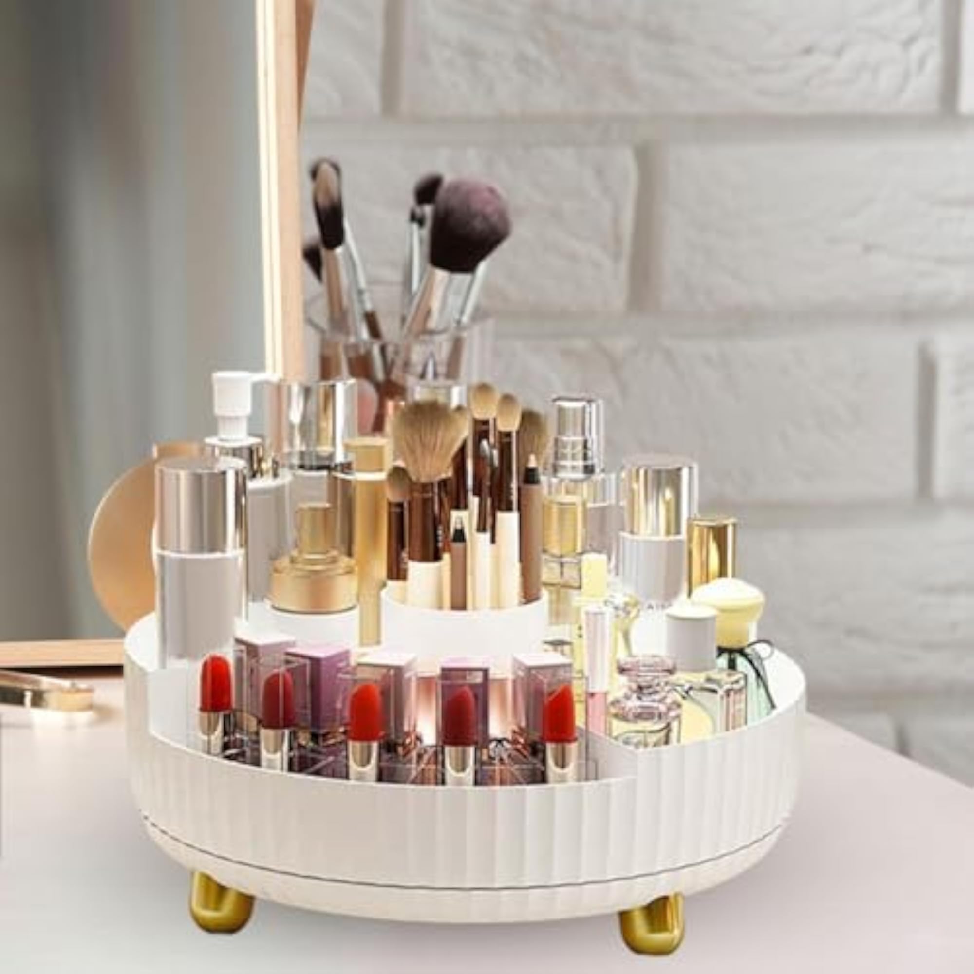 Cosmetic Organizer Holder Display Case for Vanity, Ivory White