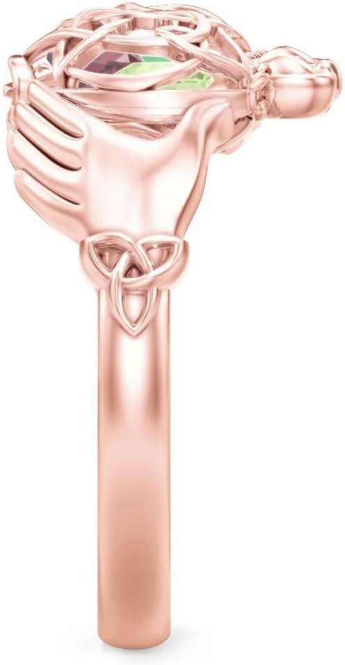 Jewlr Custom Personalized Solid Gold 10/14K or Sterling Silver Birthstone Ring - Caged Hearts Celtic Claddagh Statement Ring - Mothers Day Gifts Birthstone Rings for Women Mother Daughter Promise Ring