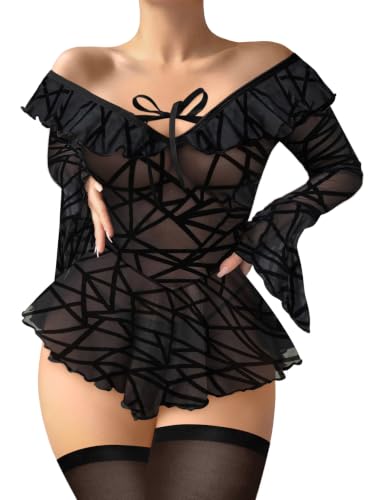 Image of Foxiny Sheer Ruffle Long Sleeve Babydoll Lingerie Dress