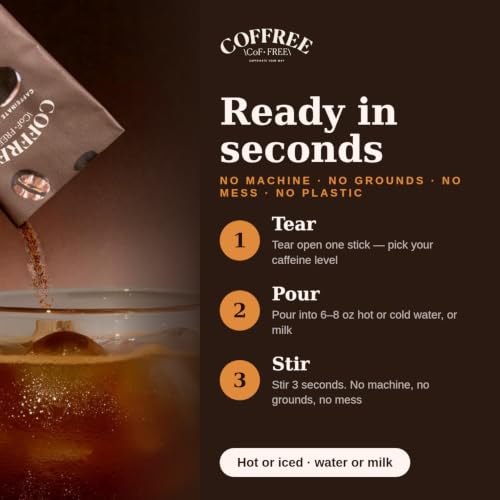 Image of COFFREE Organic Instant Coffee Packets Variety Pack - 0% to 150% Caffeine - Mold Free, Low Acid, Single-Origin Arabica - Individual Single Serve Coffee Sticks - Easy for Travel, Camping - 24 Count