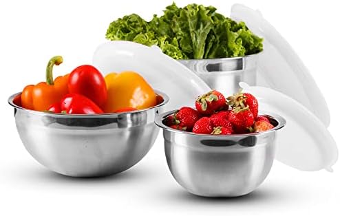 OVENTE Mixing Bowl Set with Lids, 3-Piece Stainless Steel Nesting Bowls for Easy Food Storage, Stackable Design, Kitchen Essential for Baking, Cooking and Prepping, Size 5, 3.5, 1.5QT, Silver BM46333S - Thumbnail 3